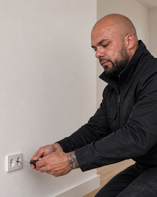 Marko Dominkovic bei der Steckdosenmontage