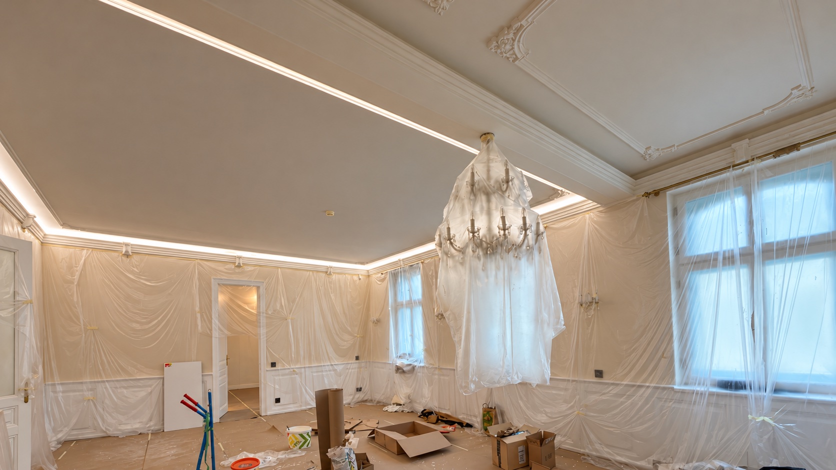 Indirekte LED-Deckenbeleuchtung im Altbau während der Renovierung